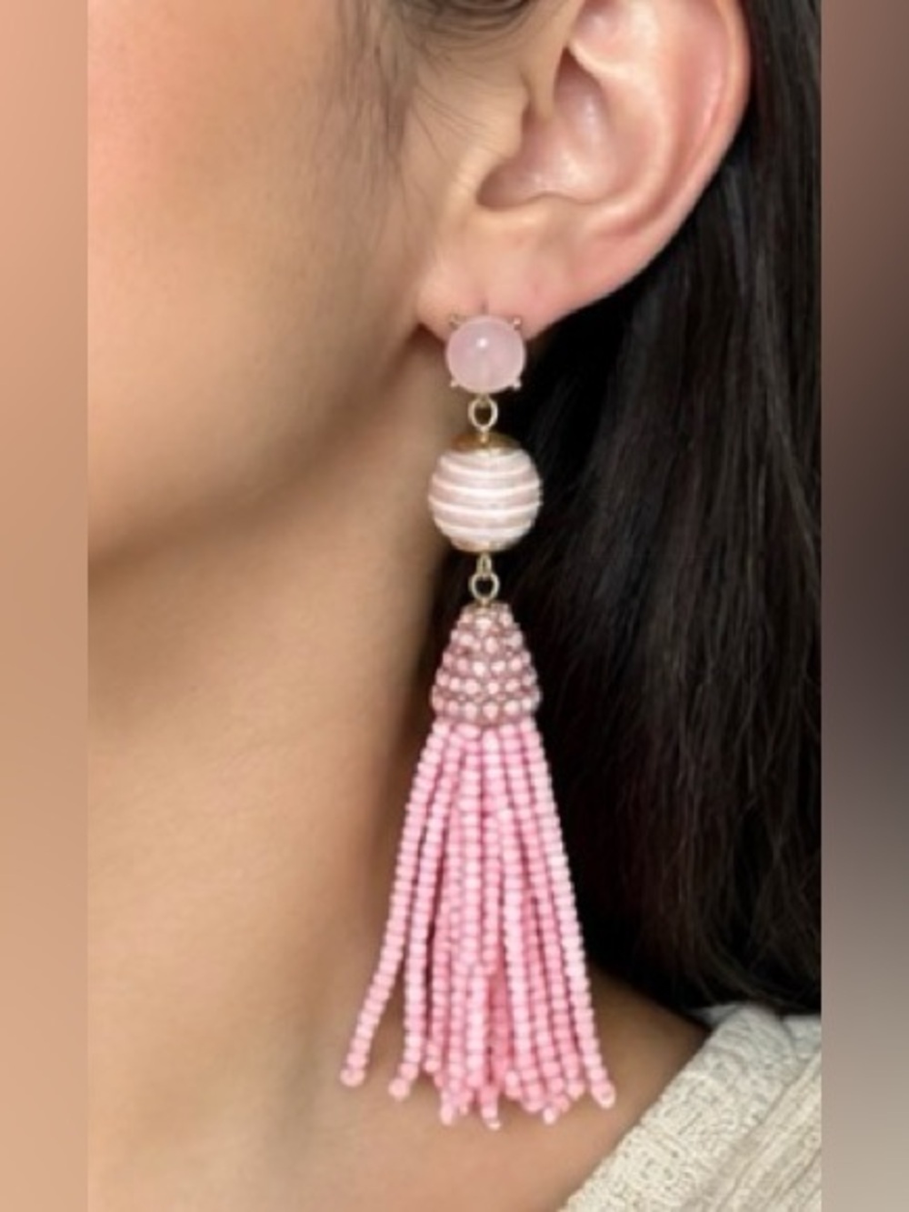 Pink Beaded Tassel Statement Earrings – Gold Tone – Long Dangle Earrings